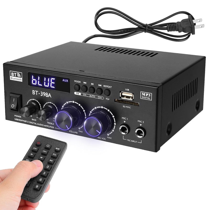 MakerHawk Bluetooth Amplifier 5.0 HiFi Stereo Amplifier Receiver 2.0 Channel 2X60W Mini Amp Small Home Audio Bass Treble Control FM/USB/SD/MIC/Optical Fiber/Coaxial Input for Speakers, BT-398A - Image 1